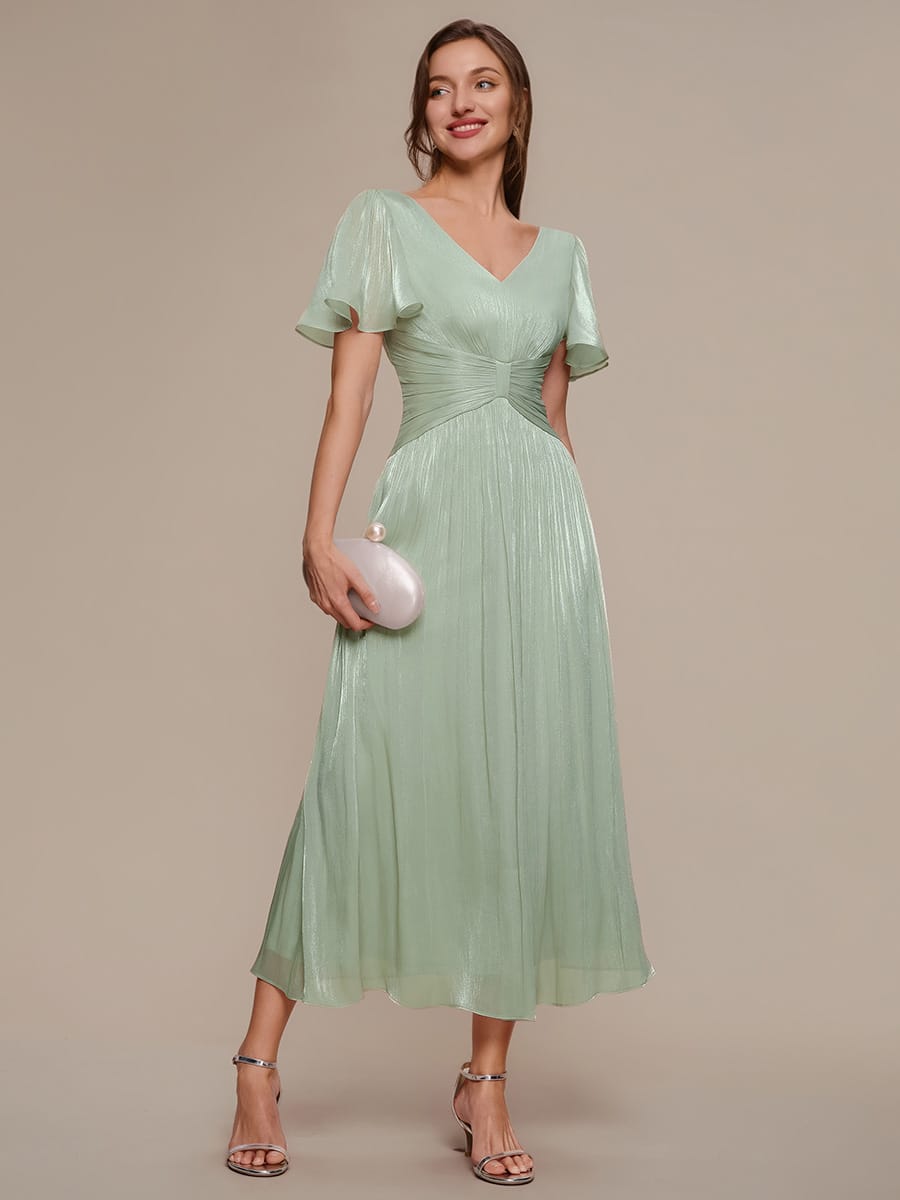 Gathered Sea-island filament fabircs Ruffle Sleeve Dress #color_Mint Green