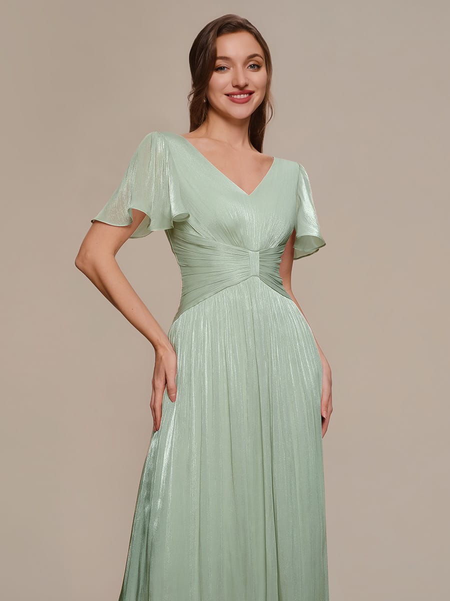 Gathered Sea-island filament fabircs Ruffle Sleeve Dress #color_Mint Green