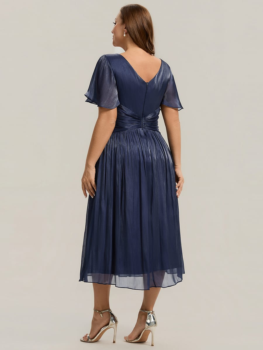 Gathered Sea-island filament fabircs Ruffle Sleeve Dress #color_Navy Blue