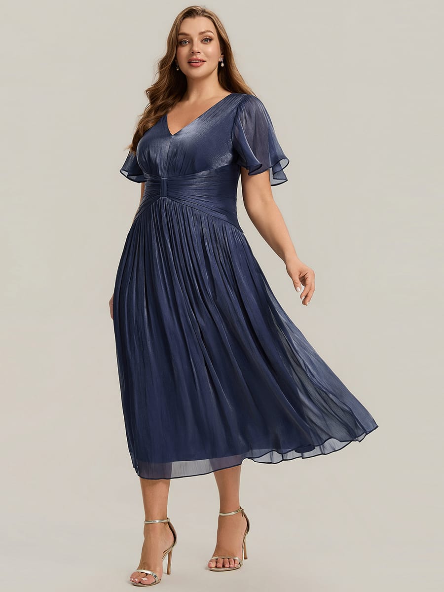 Gathered Sea-island filament fabircs Ruffle Sleeve Dress #color_Navy Blue
