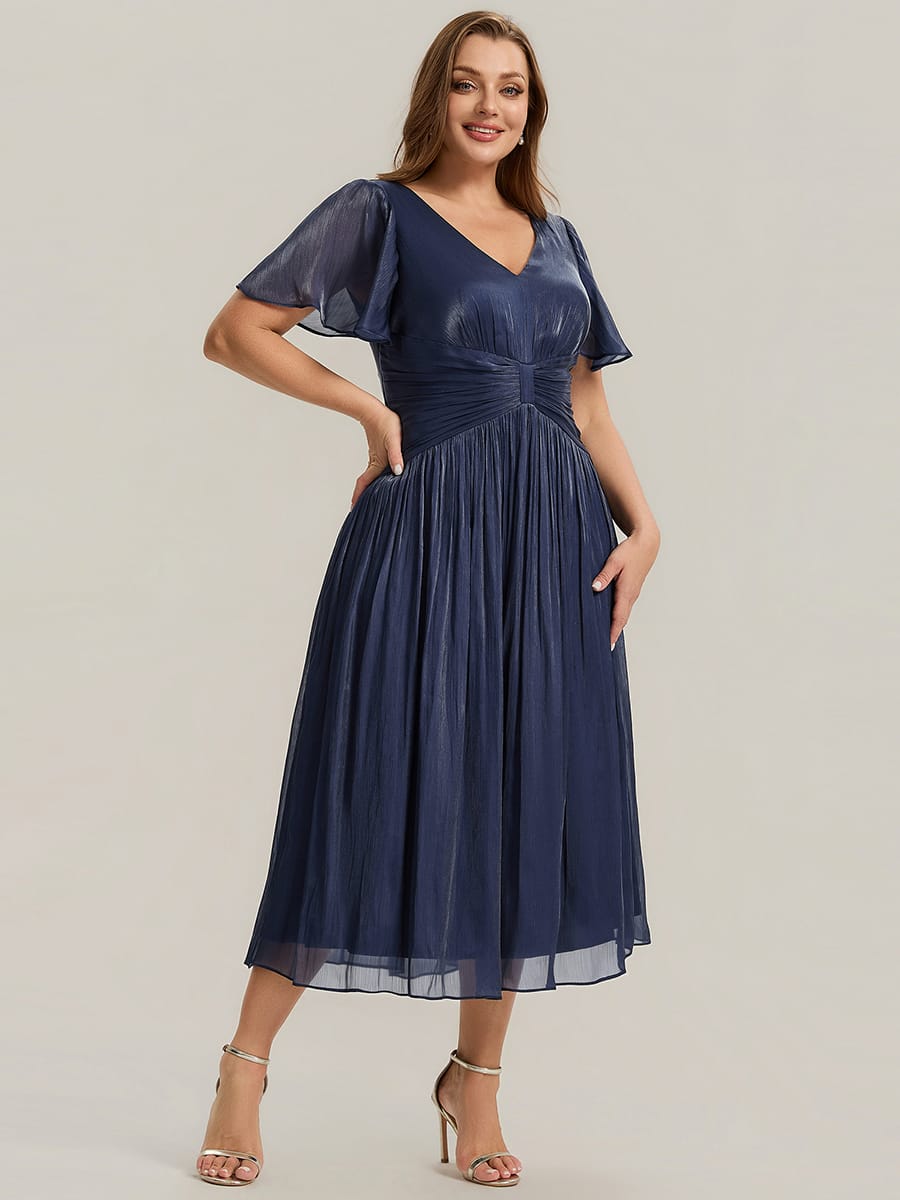 Gathered Sea-island filament fabircs Ruffle Sleeve Dress #color_Navy Blue