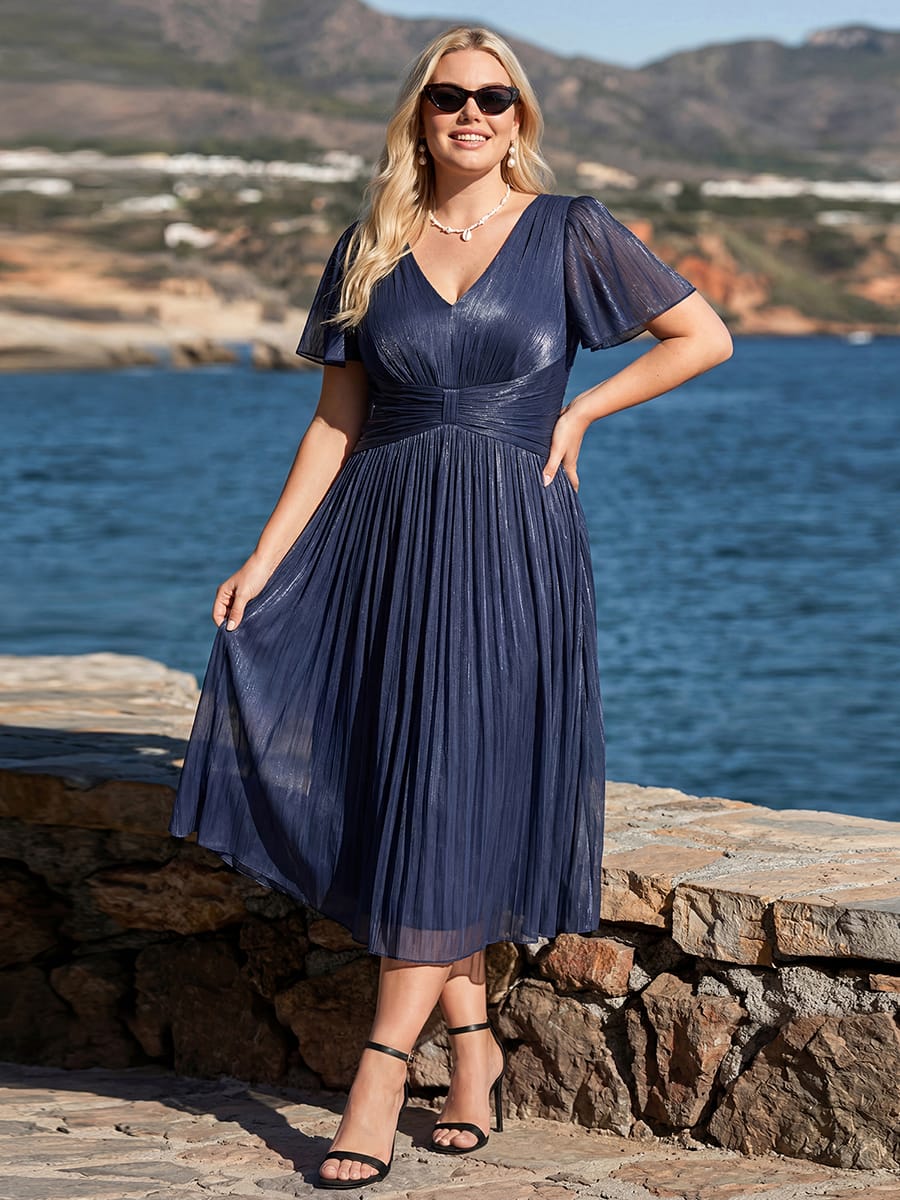 Gathered Sea-island filament fabircs Ruffle Sleeve Dress #color_Navy Blue