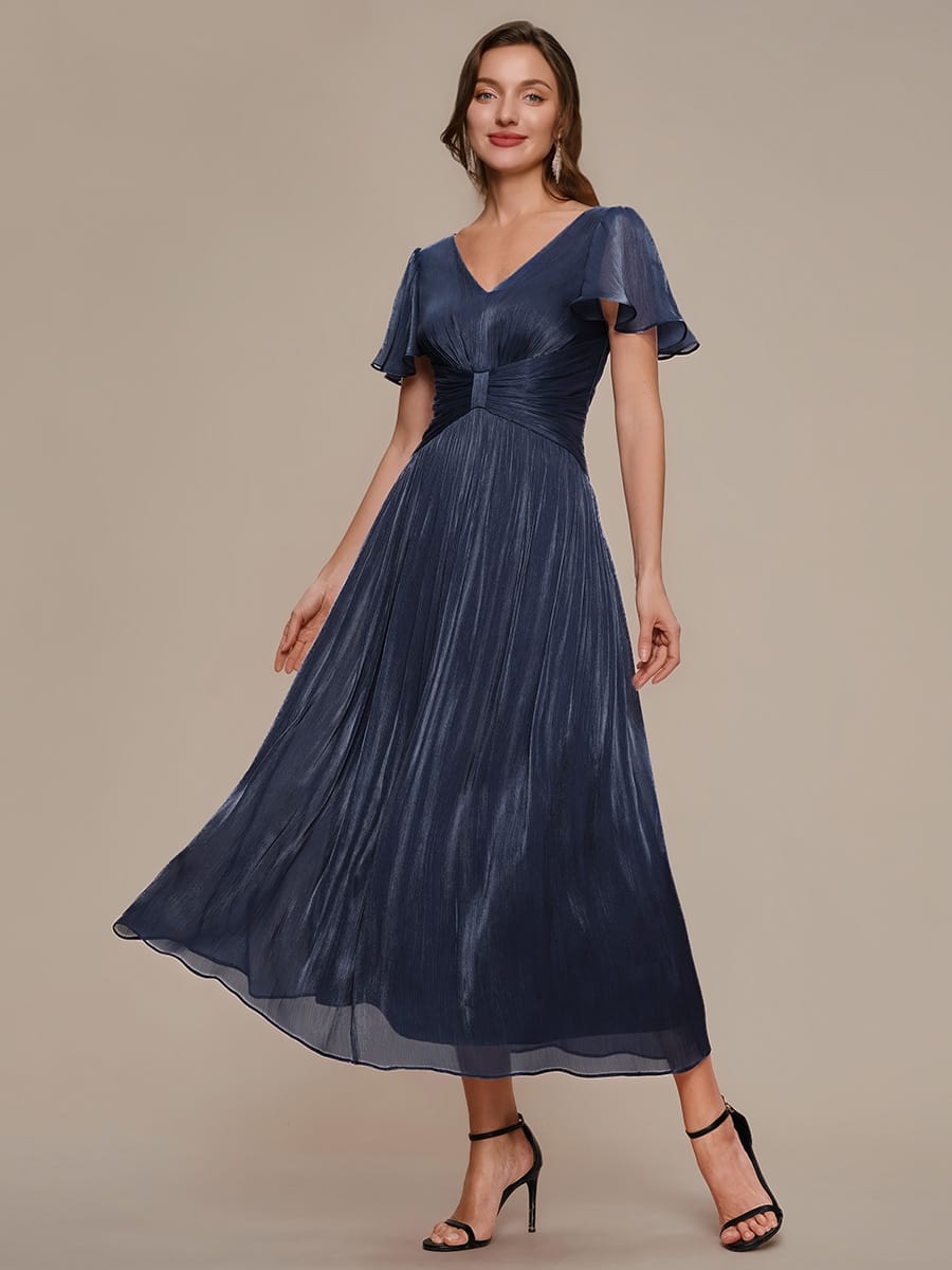 Gathered Sea-island filament fabircs Ruffle Sleeve Dress #color_Navy Blue