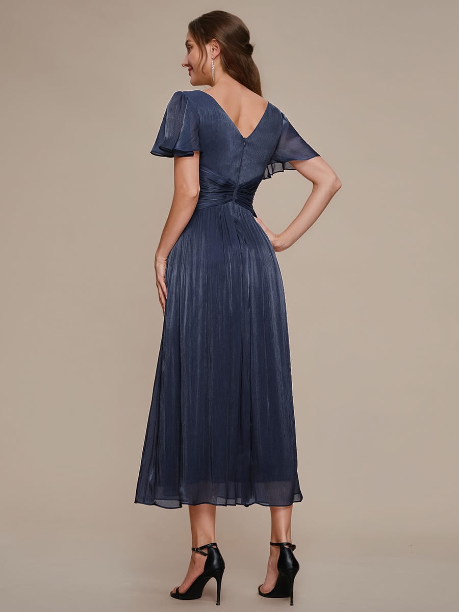 Gathered Sea-island filament fabircs Ruffle Sleeve Dress #color_Navy Blue