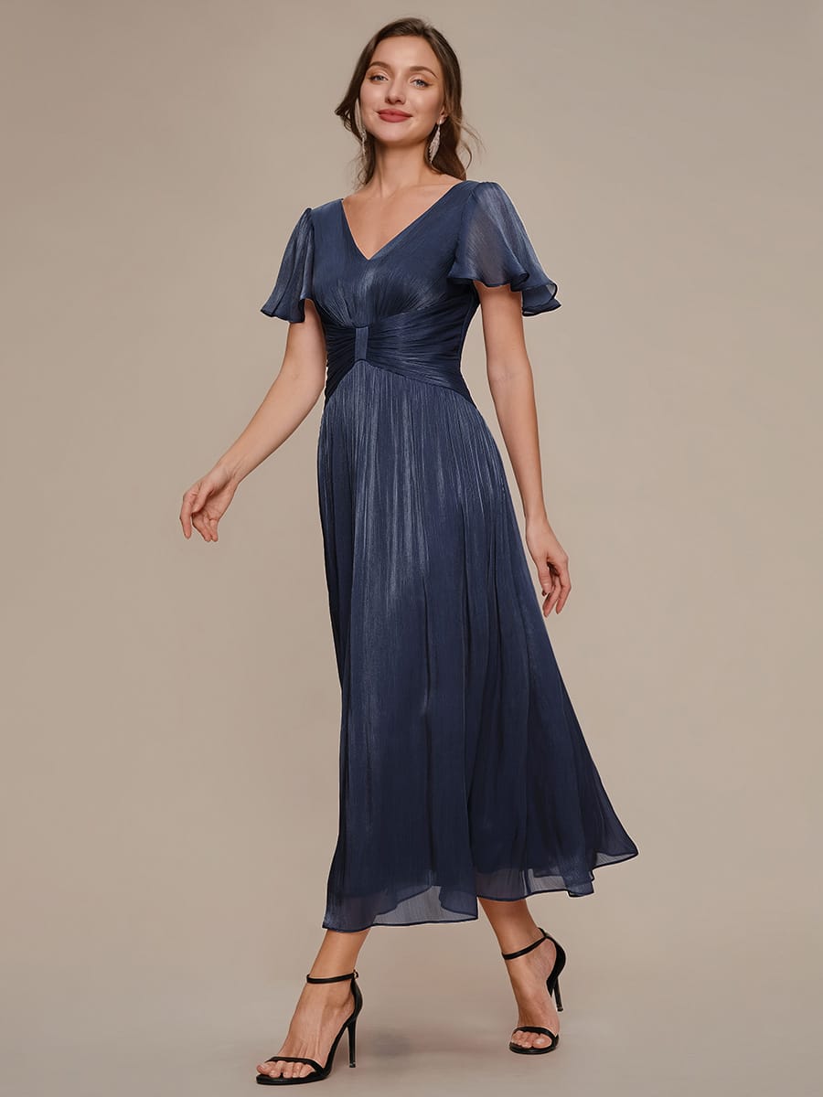 Gathered Sea-island filament fabircs Ruffle Sleeve Dress #color_Navy Blue