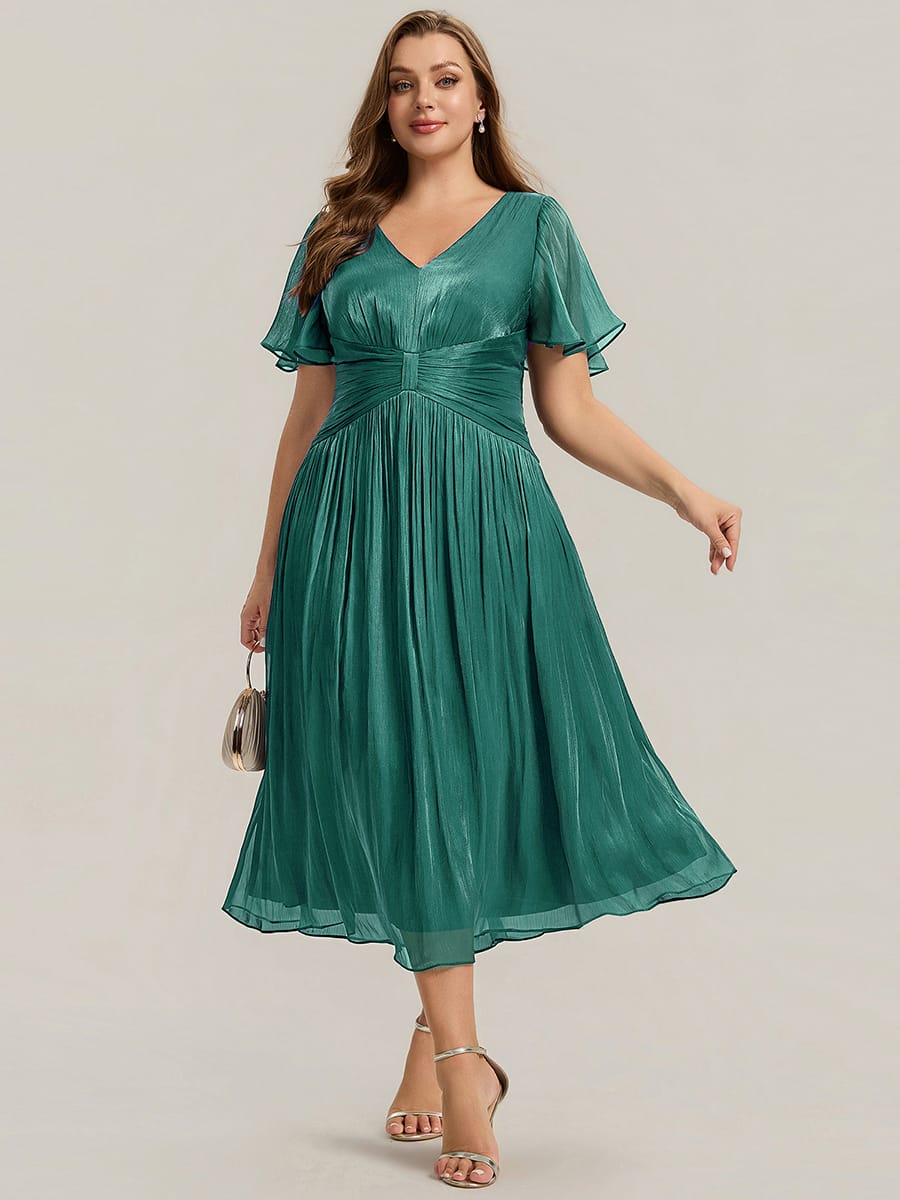 Gathered Sea-island filament fabircs Ruffle Sleeve Dress #color_Teal Blue