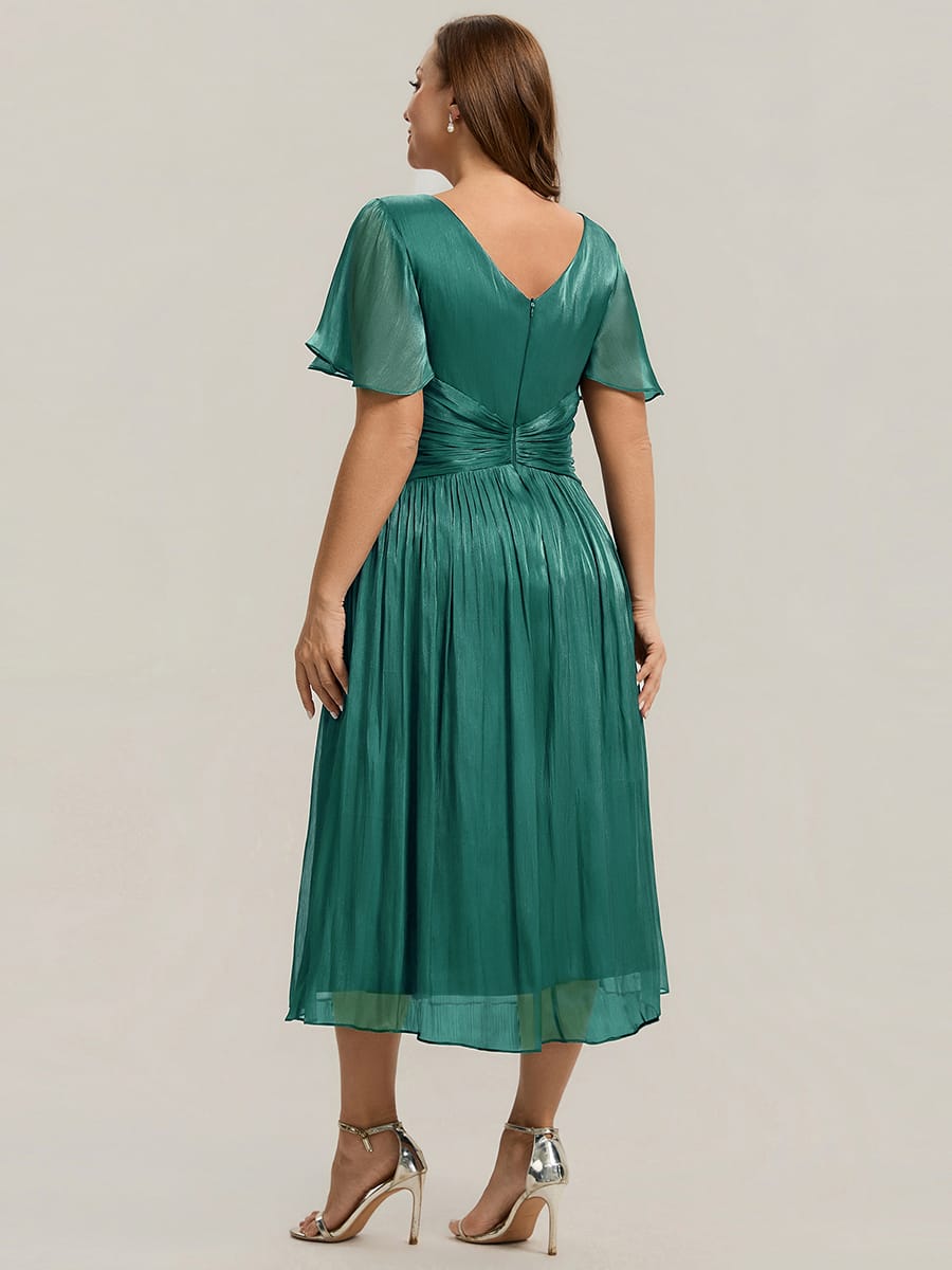 Gathered Sea-island filament fabircs Ruffle Sleeve Dress #color_Teal Blue