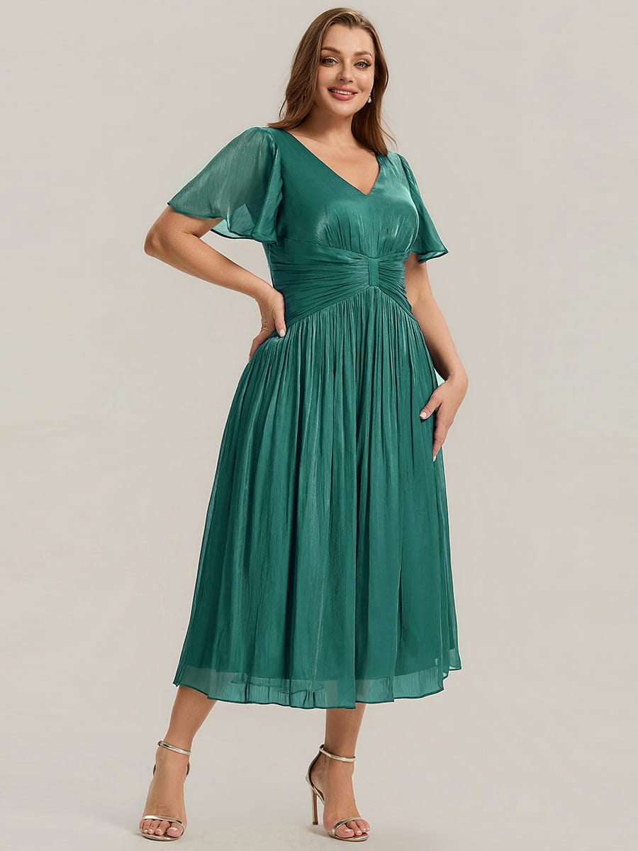 Gathered Sea-island filament fabircs Ruffle Sleeve Dress #color_Teal Blue