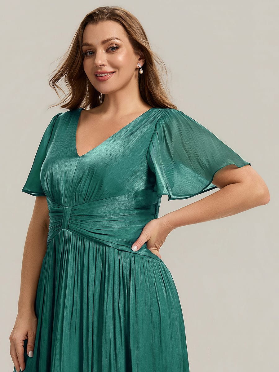 Gathered Sea-island filament fabircs Ruffle Sleeve Dress #color_Teal Blue