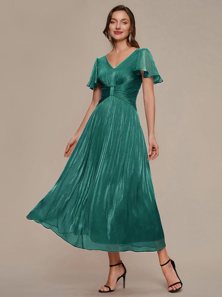 Gathered Sea-island filament fabircs Ruffle Sleeve Dress #color_Teal Blue