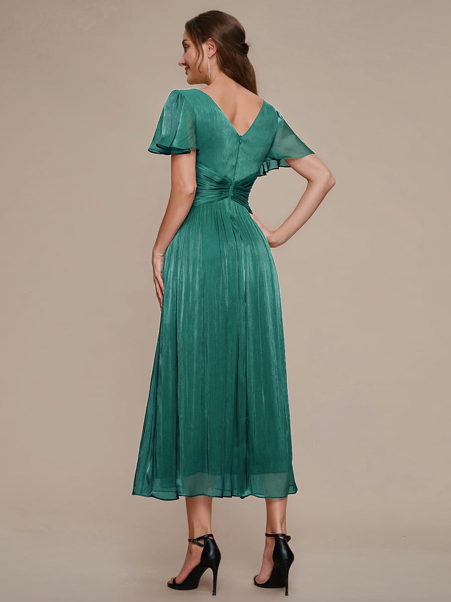 Gathered Sea-island filament fabircs Ruffle Sleeve Dress #color_Teal Blue