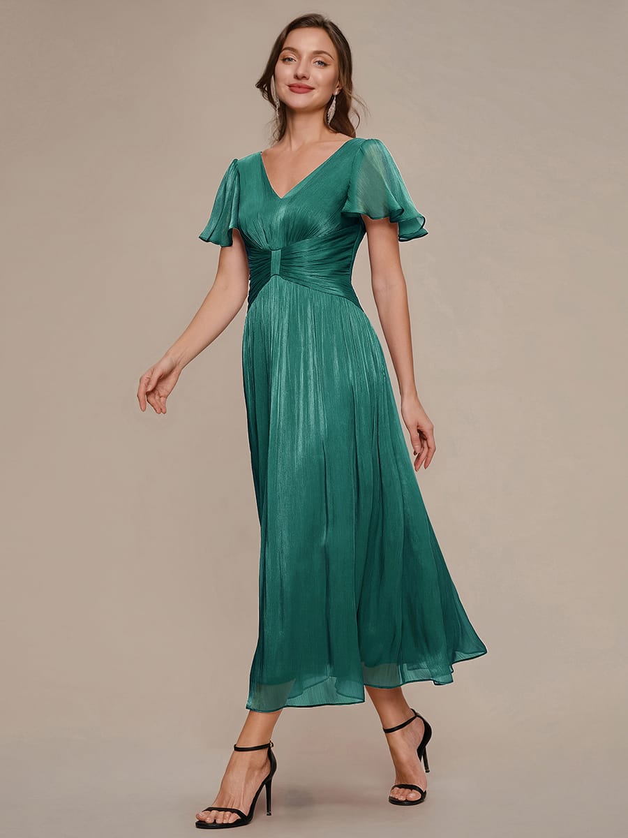 Gathered Sea-island filament fabircs Ruffle Sleeve Dress #color_Teal Blue