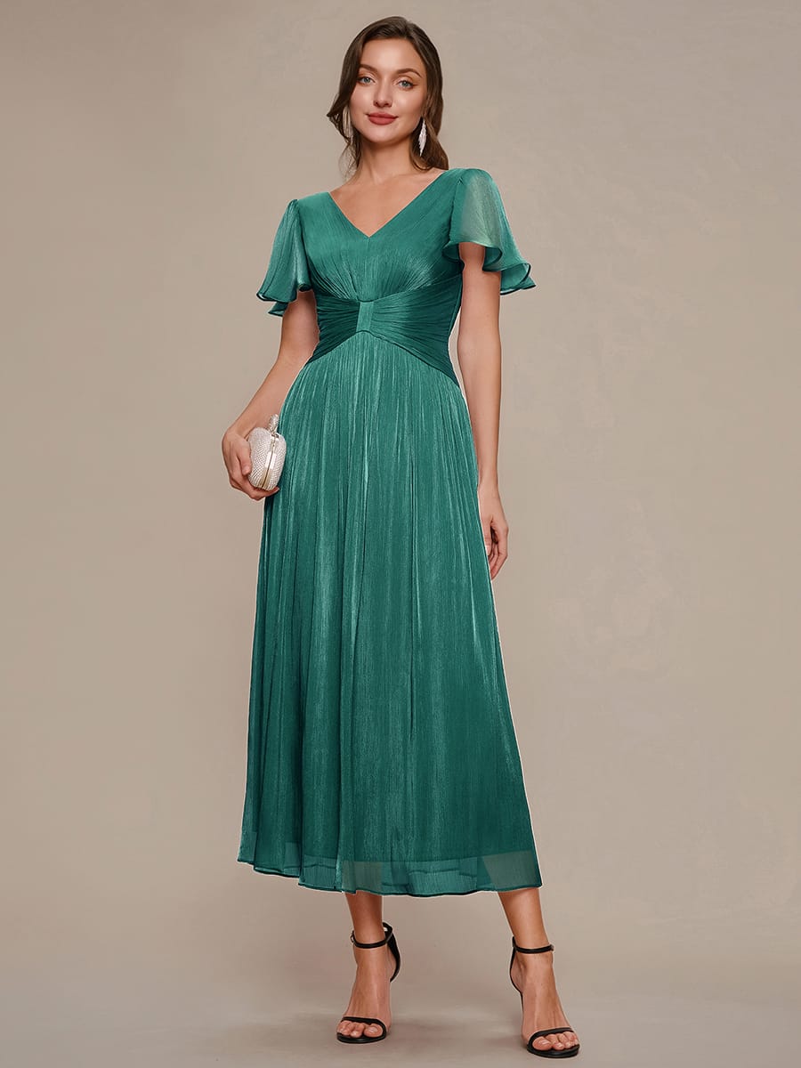 Gathered Sea-island filament fabircs Ruffle Sleeve Dress #color_Teal Blue