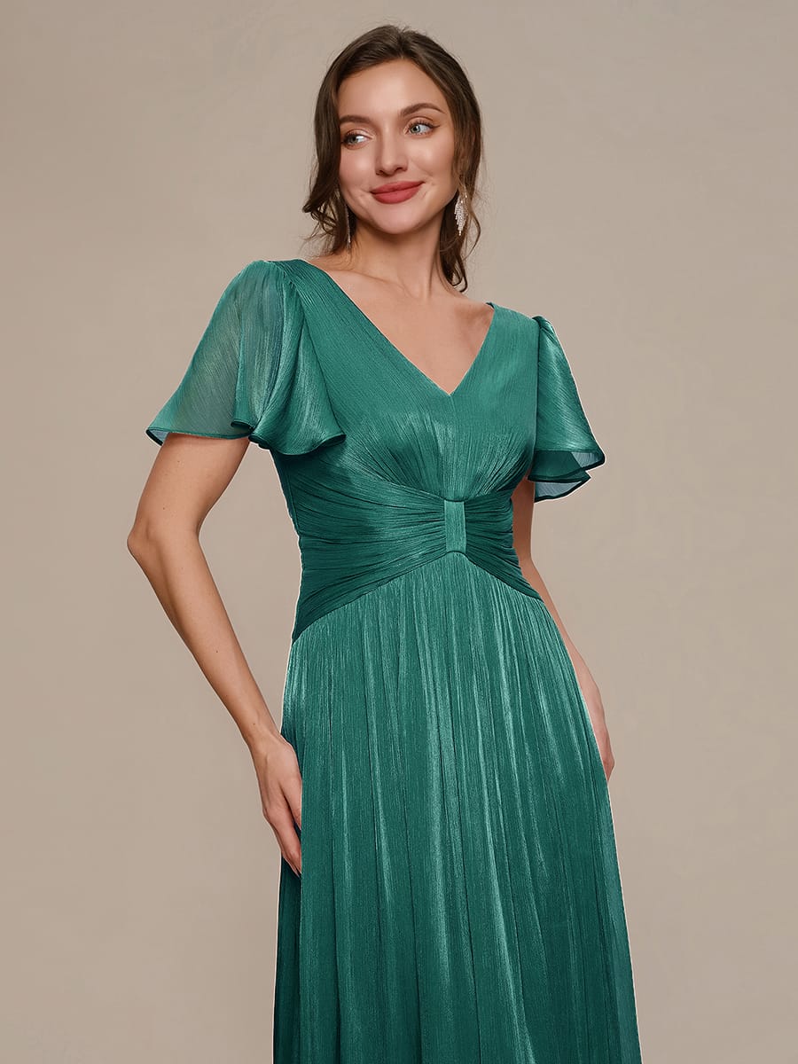 Gathered Sea-island filament fabircs Ruffle Sleeve Dress #color_Teal Blue