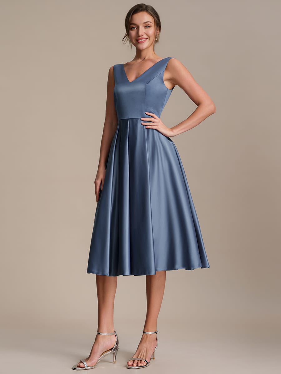 Pleated Satin Sleeveless Dress #color_Dusty Blue