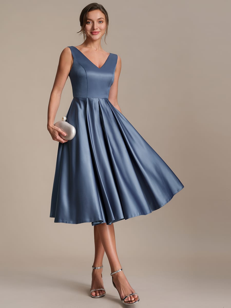 Pleated Satin Sleeveless Dress #color_Dusty Blue