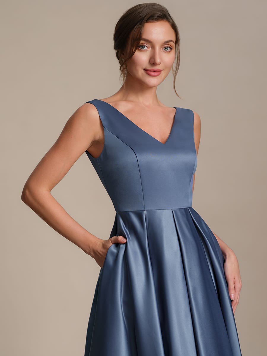 Pleated Satin Sleeveless Dress #color_Dusty Blue