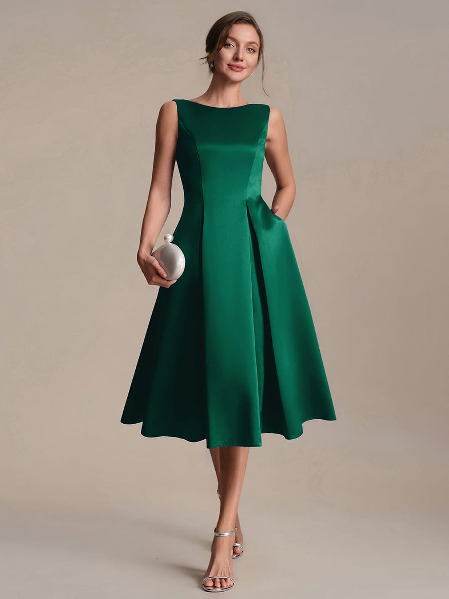 Satin Sleeveless Ball-Gown Dress #color_Dark Green