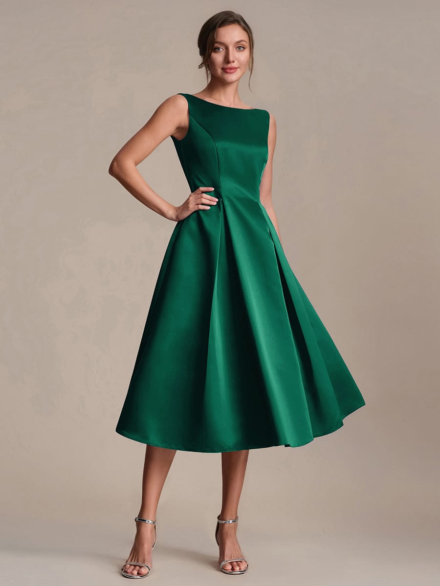 Satin Sleeveless Ball-Gown Dress #color_Dark Green
