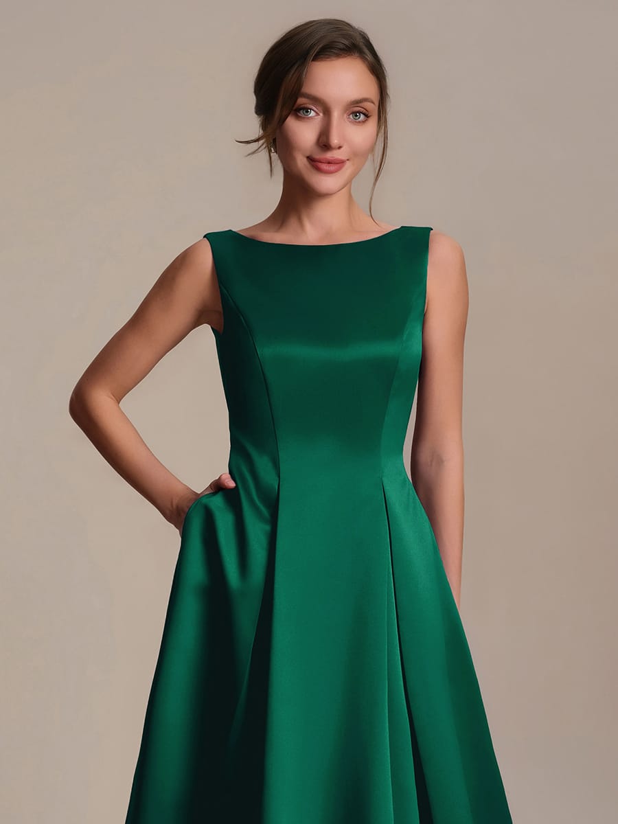 Satin Sleeveless Ball-Gown Dress #color_Dark Green