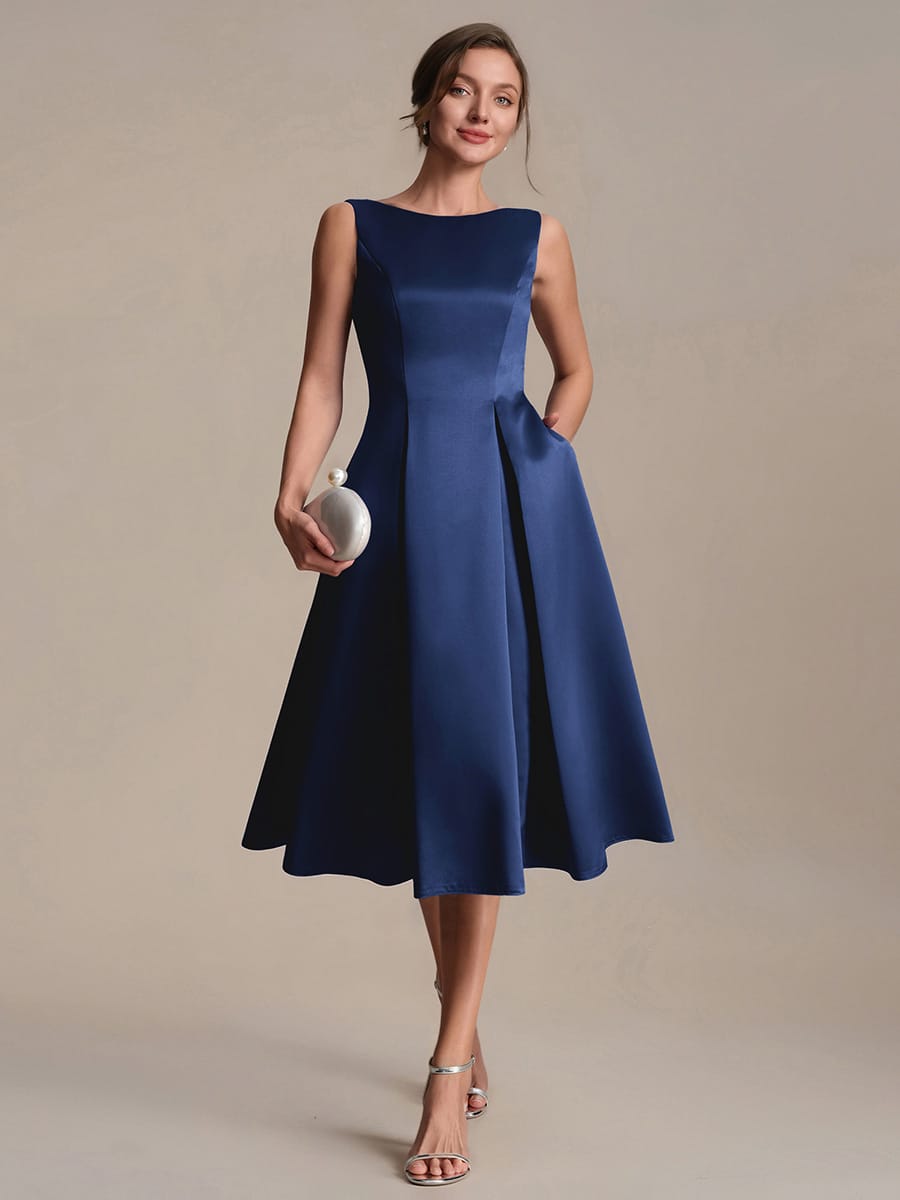 Satin Sleeveless Ball-Gown Dress #color_Navy Blue