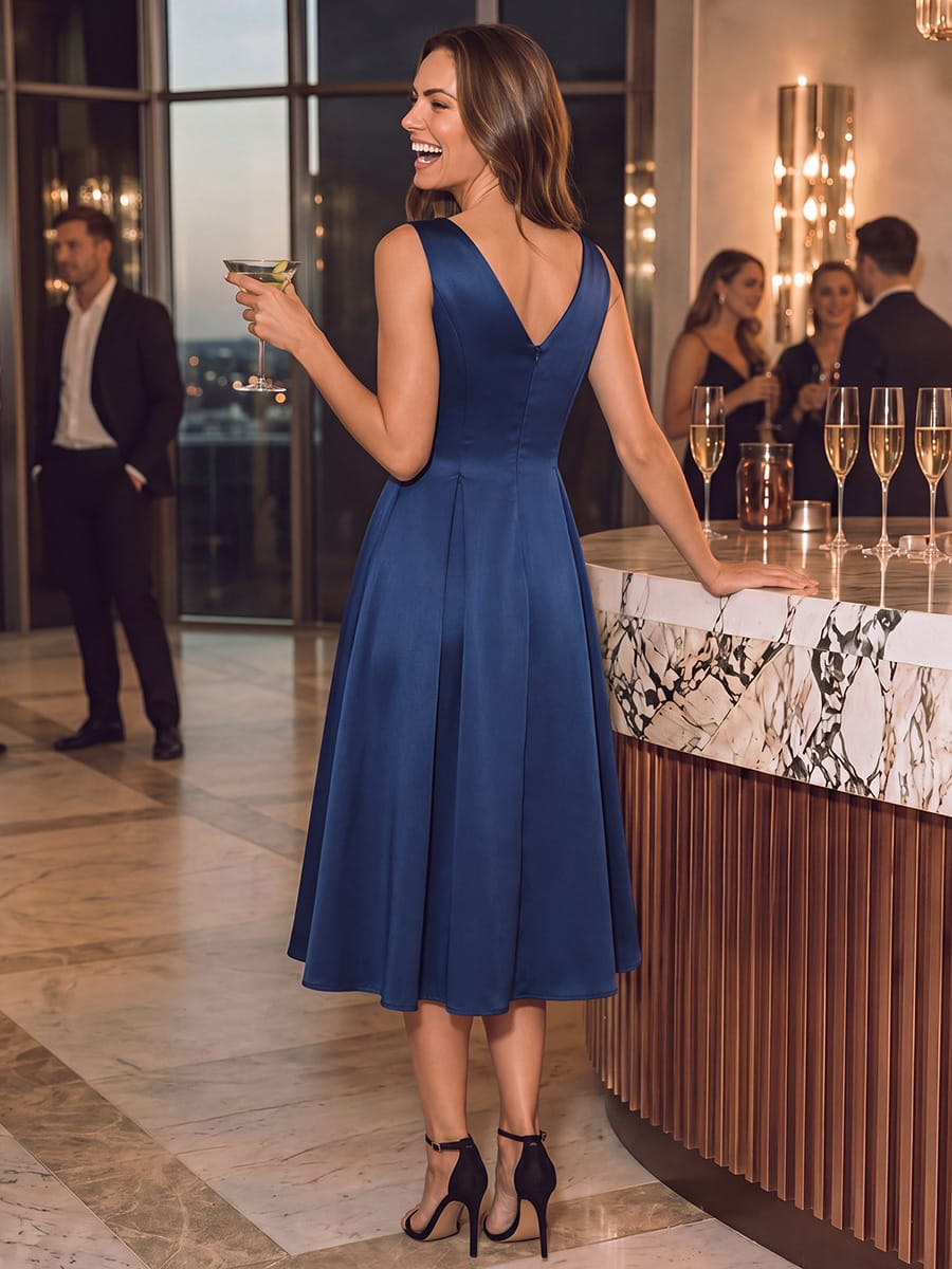 Satin Sleeveless Ball-Gown Dress #color_Navy Blue