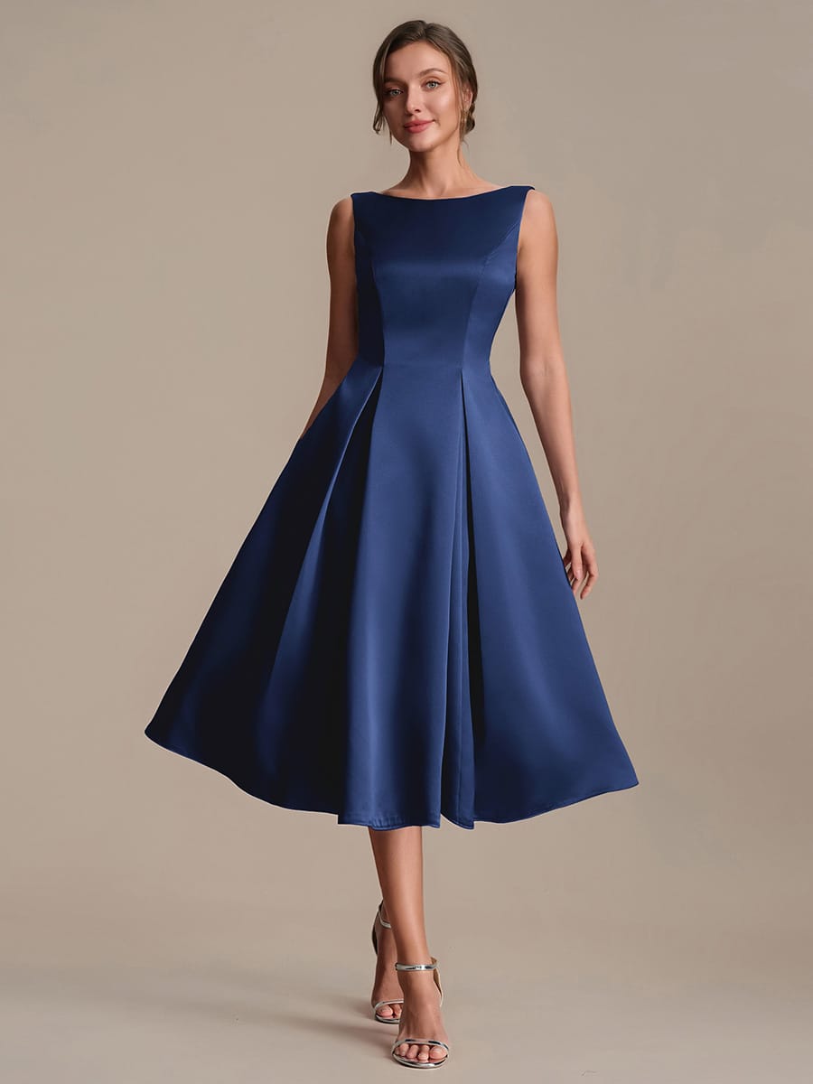 Satin Sleeveless Ball-Gown Dress #color_Navy Blue