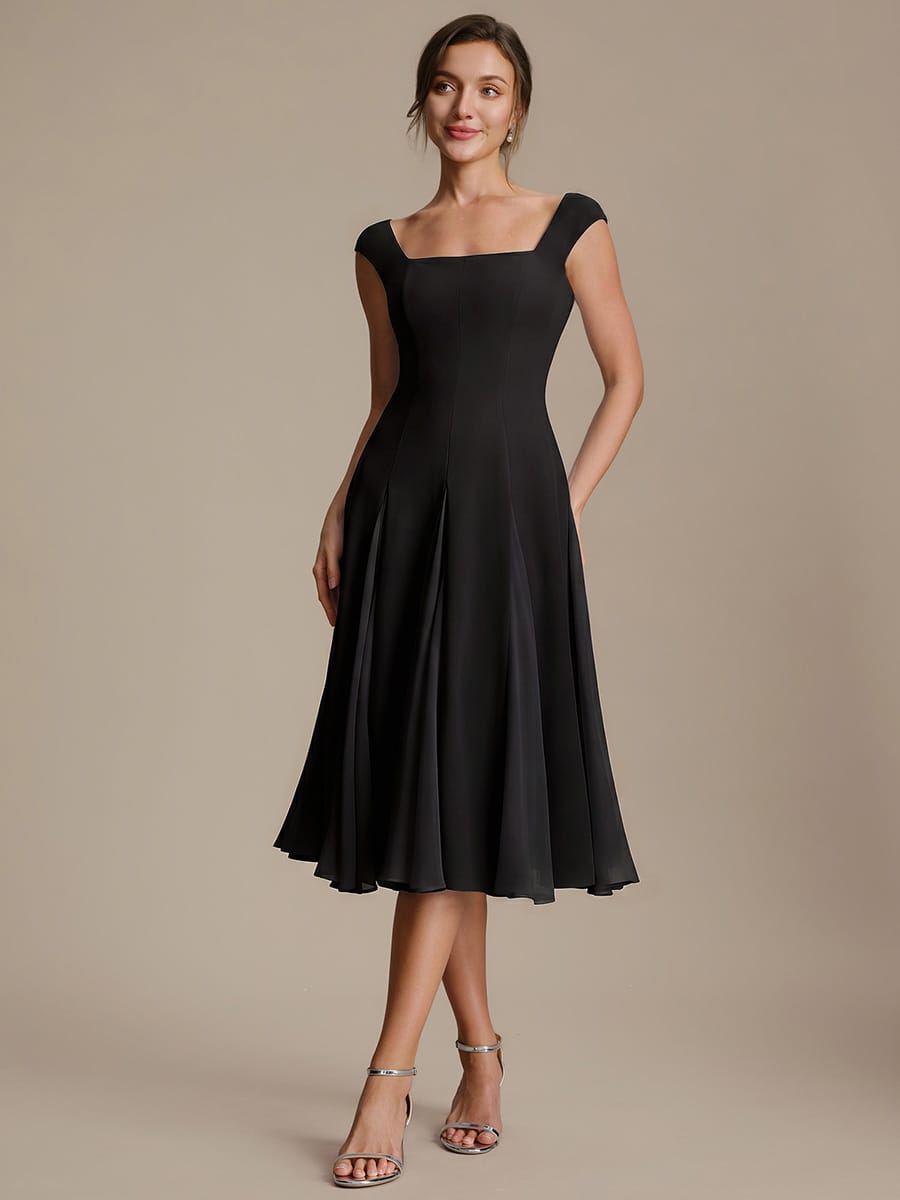 Patchwork Crepe Cap Sleeve Dress #color_Black