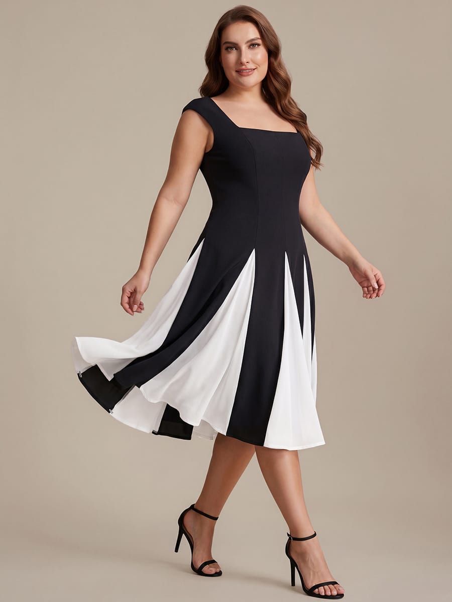 Patchwork Crepe Cap Sleeve Dress #color_Ivory-Black