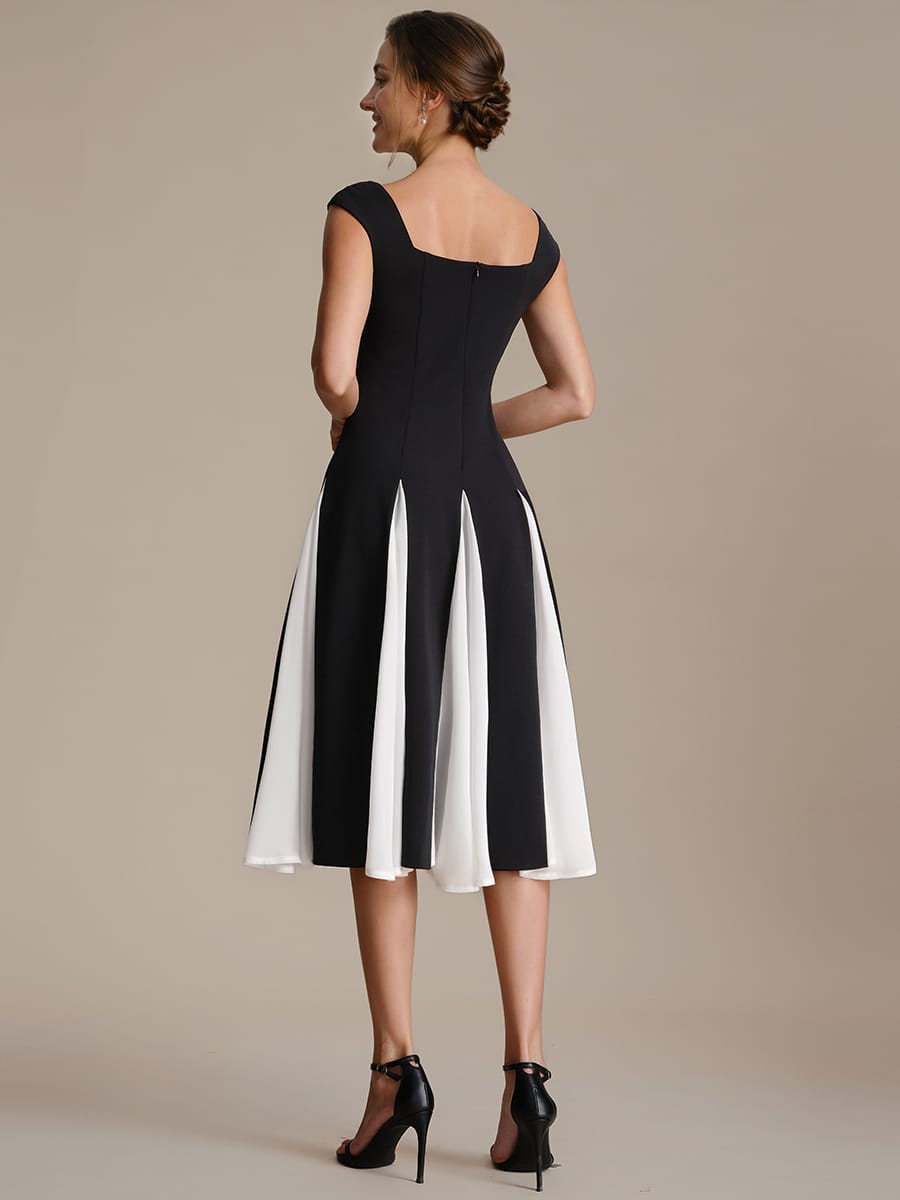 Patchwork Crepe Cap Sleeve Dress #color_Ivory-Black