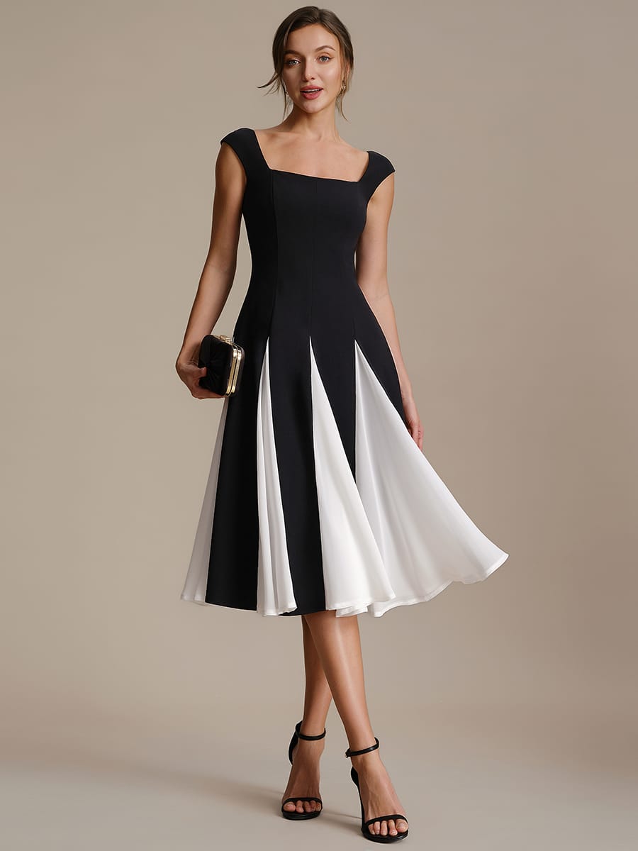 Patchwork Crepe Cap Sleeve Dress #color_Ivory-Black