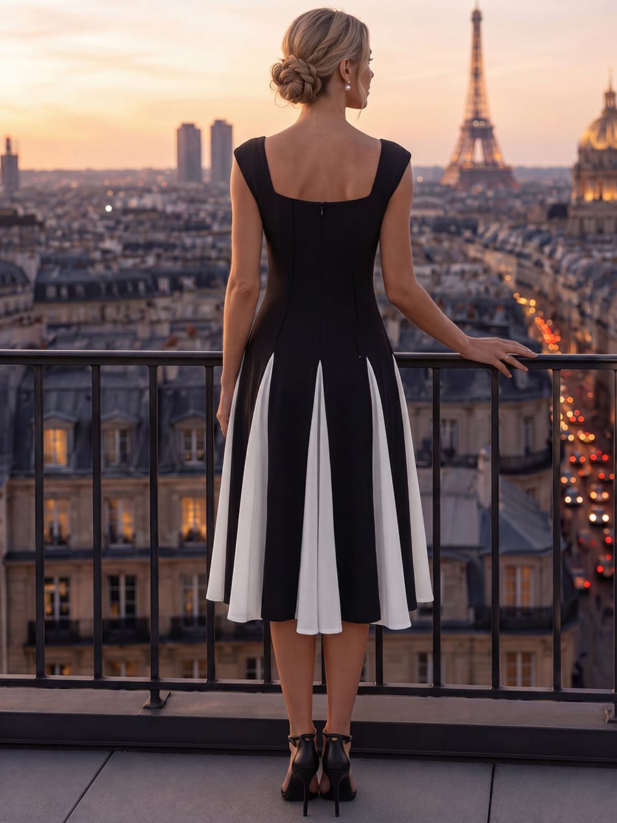 Patchwork Crepe Cap Sleeve Dress #color_Ivory-Black