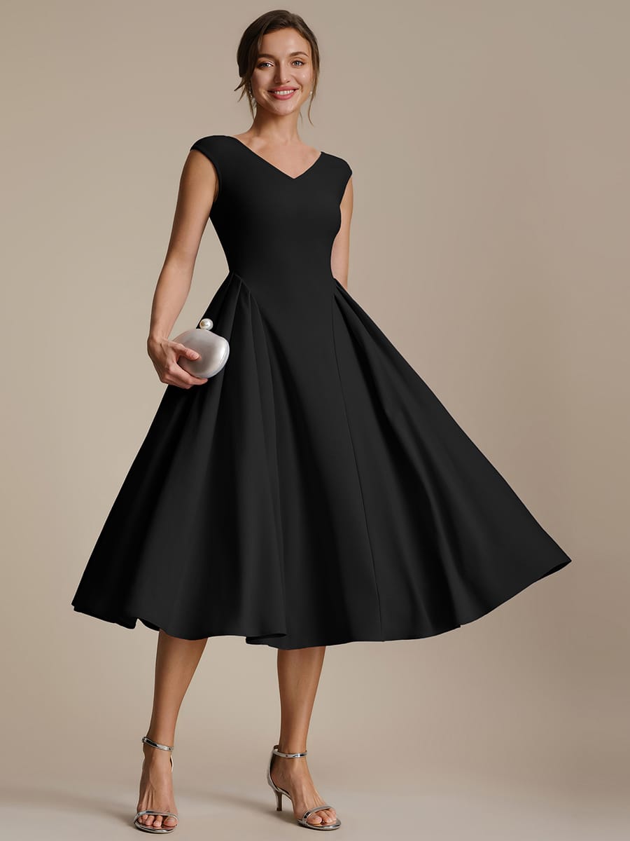 Pleated Crepe Cap Sleeve Dress #color_Black
