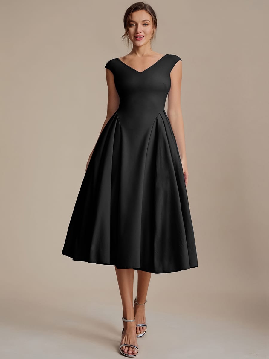 Pleated Crepe Cap Sleeve Dress #color_Black