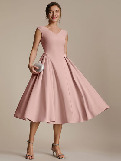 Pleated Crepe Cap Sleeve Dress