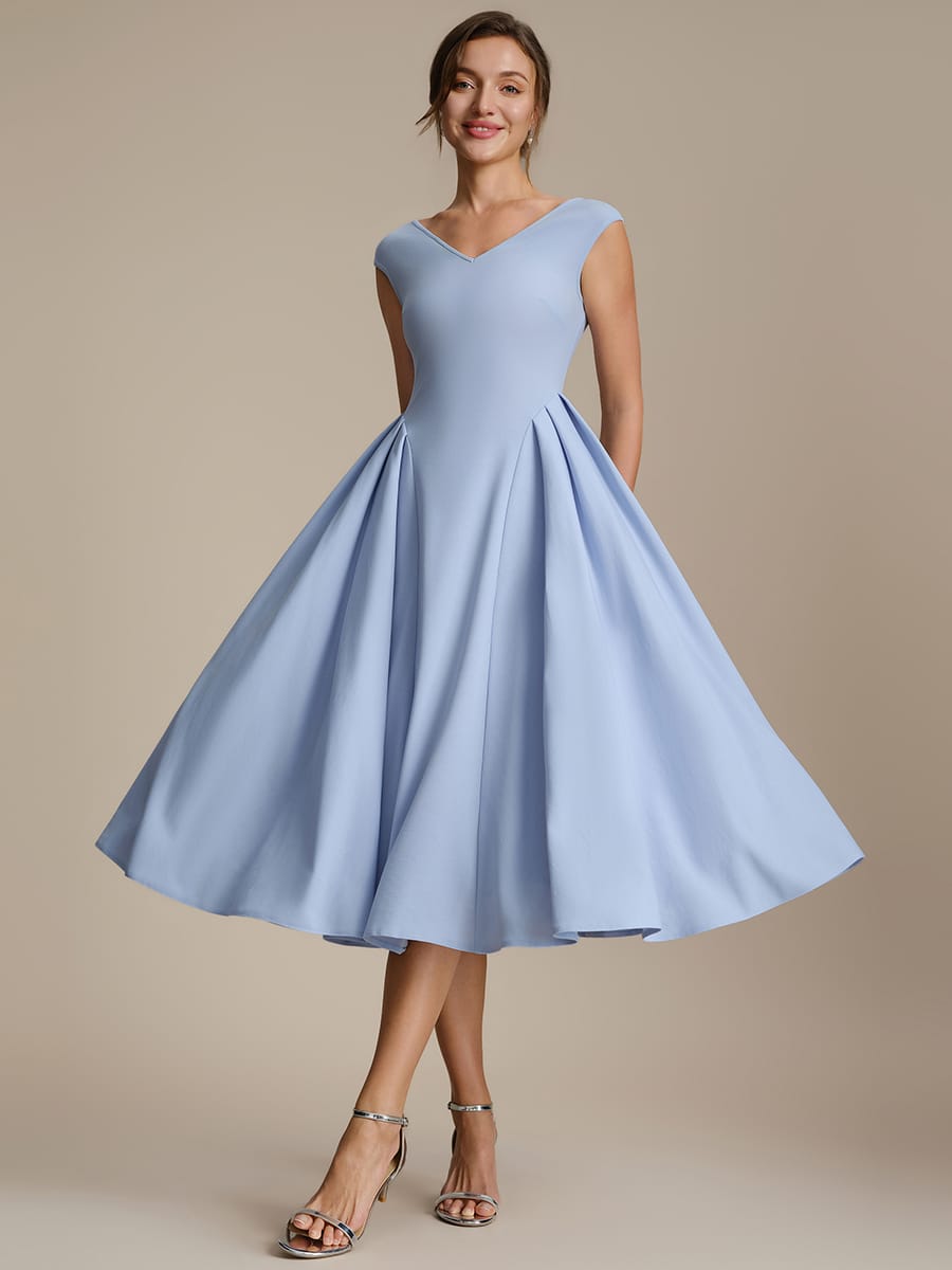Pleated Crepe Cap Sleeve Dress #color_Ice Blue