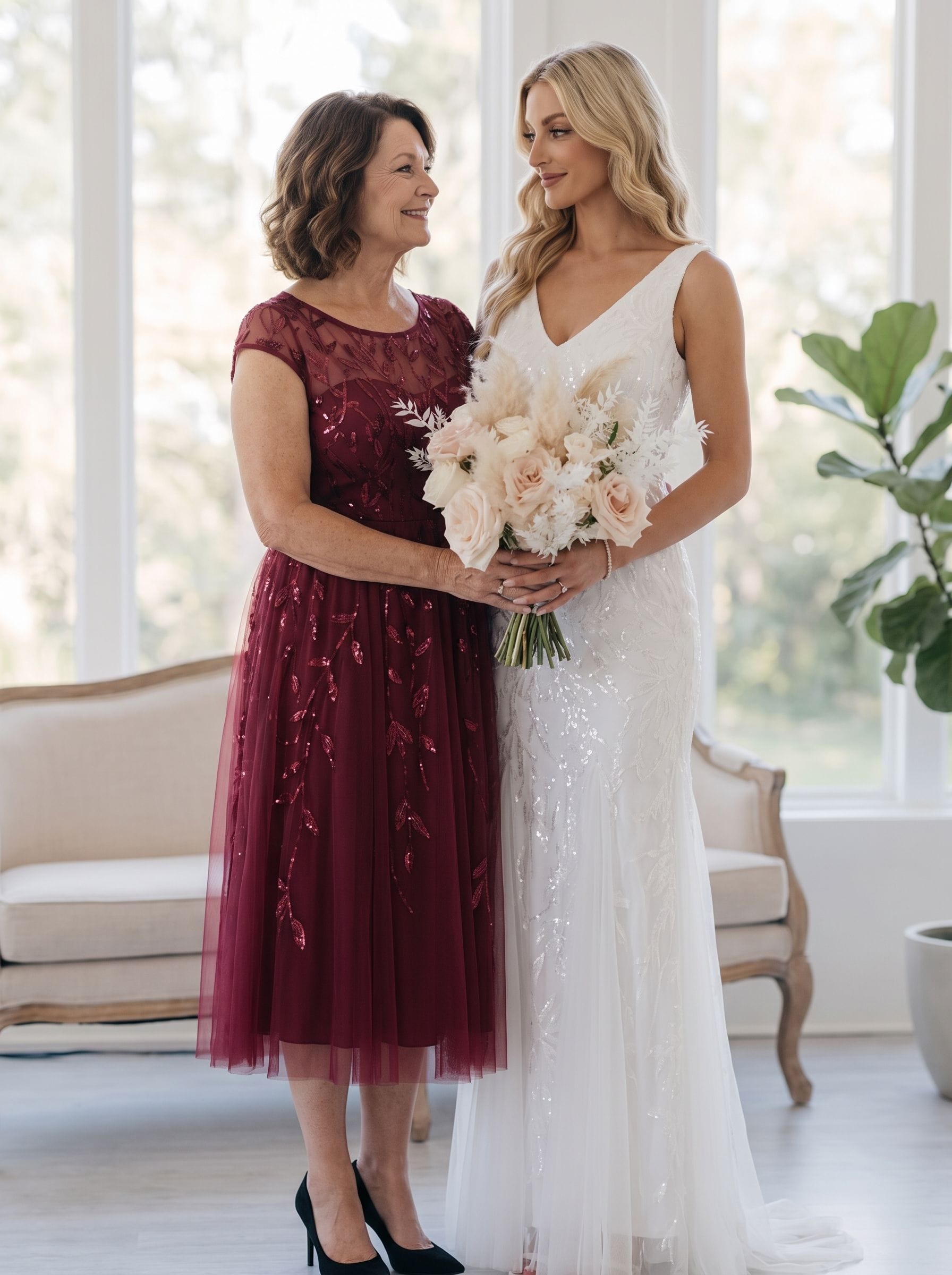 See-through Sequin Cap Sleeve Dress #color_Burgundy