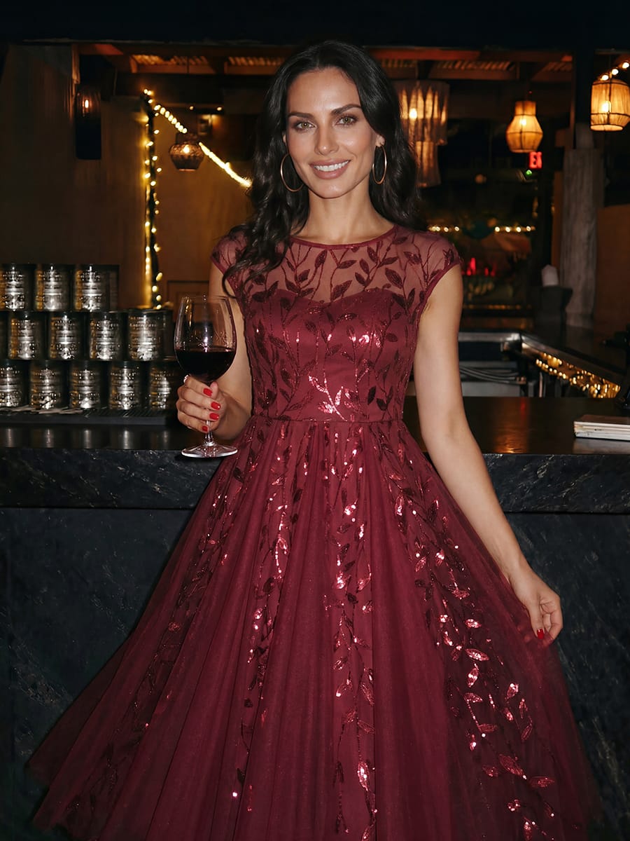 See-through Sequin Cap Sleeve Dress #color_Burgundy