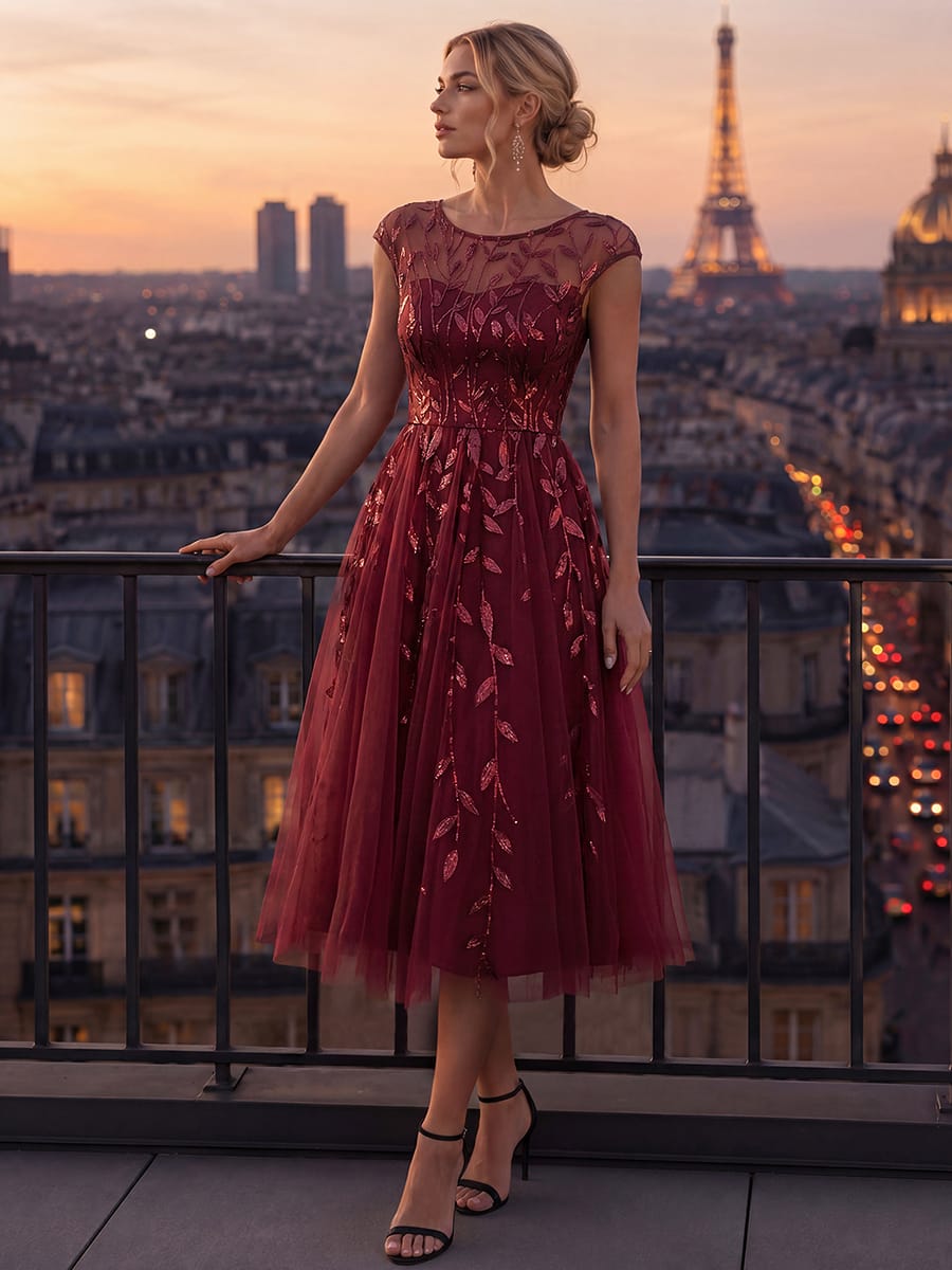 See-through Sequin Cap Sleeve Dress #color_Burgundy
