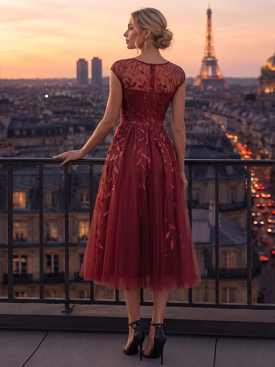 See-through Sequin Cap Sleeve Dress #color_Burgundy