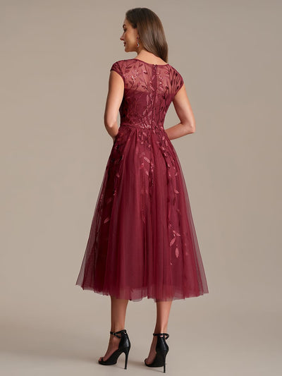 See-through Sequin Cap Sleeve Dress #color_Burgundy