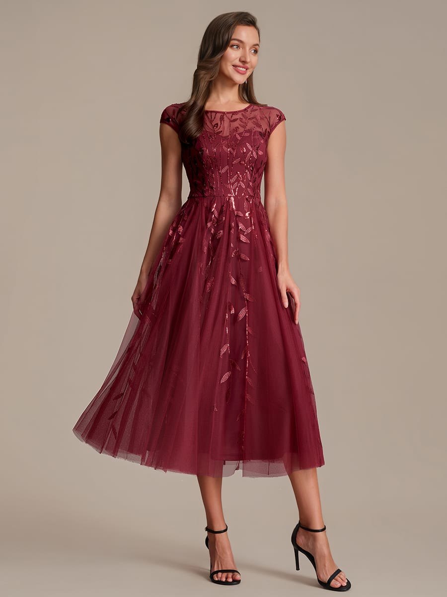 See-through Sequin Cap Sleeve Dress #color_Burgundy