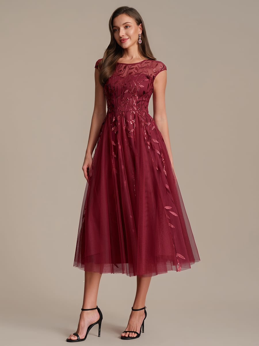 See-through Sequin Cap Sleeve Dress #color_Burgundy
