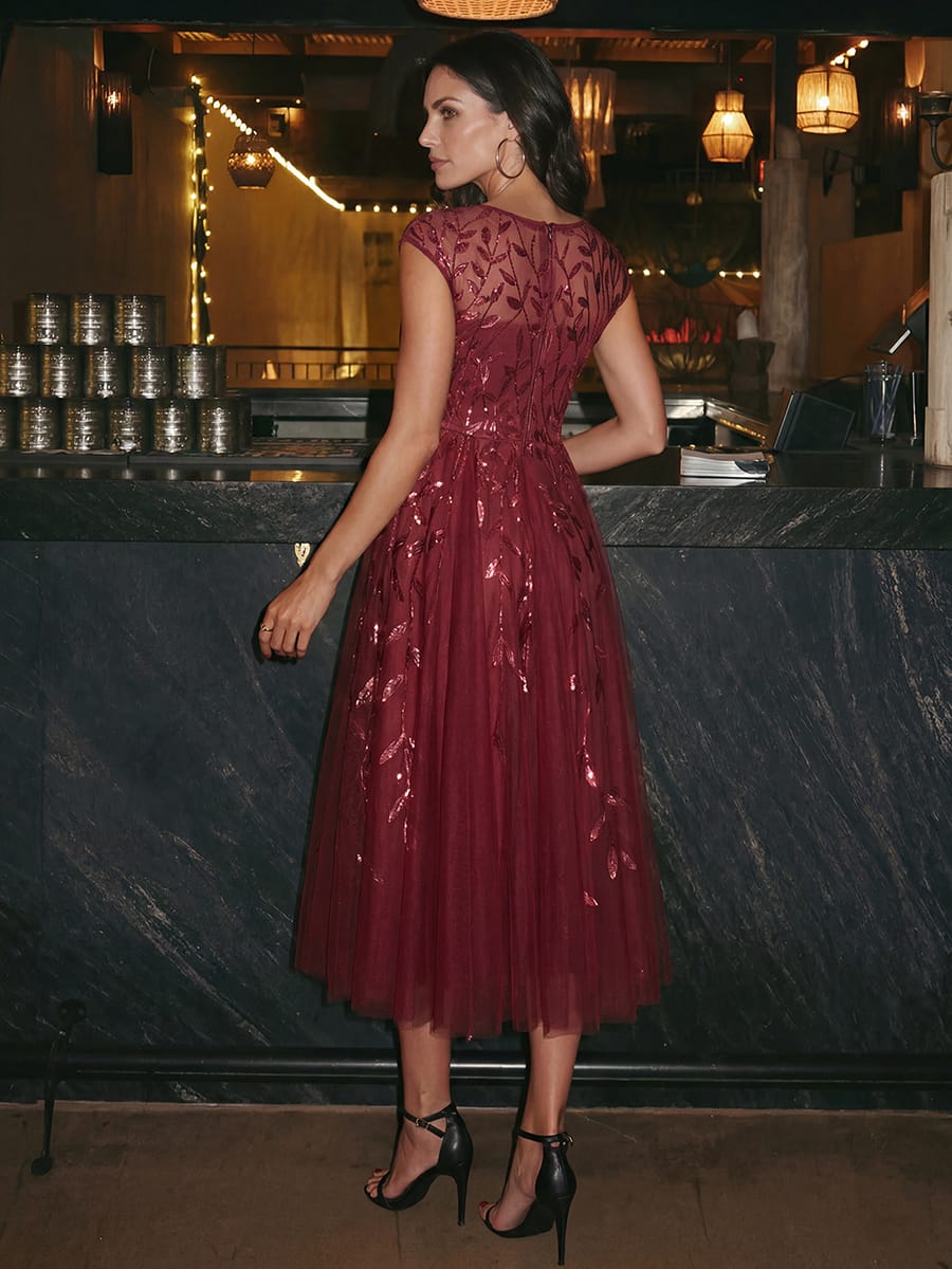 See-through Sequin Cap Sleeve Dress #color_Burgundy