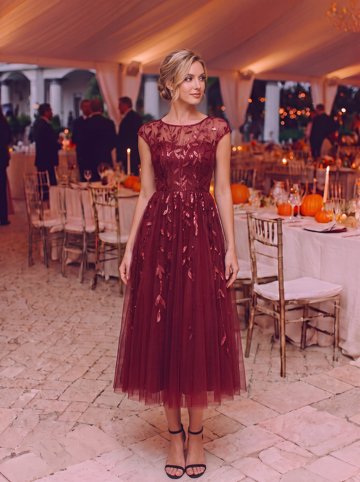 See-through Sequin Cap Sleeve Dress #color_Burgundy