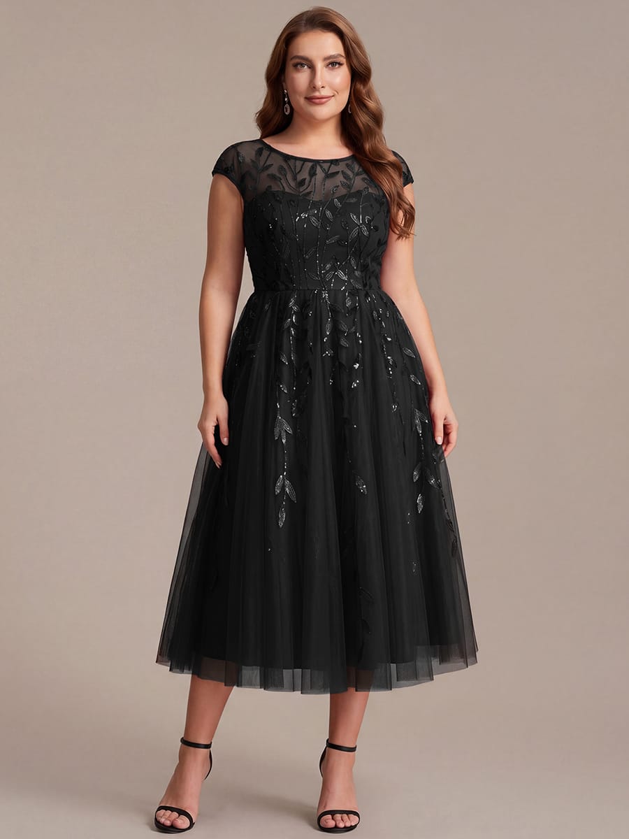 See-through Sequin Cap Sleeve Dress #color_Black