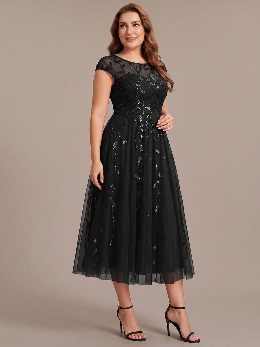 See-through Sequin Cap Sleeve Dress #color_Black