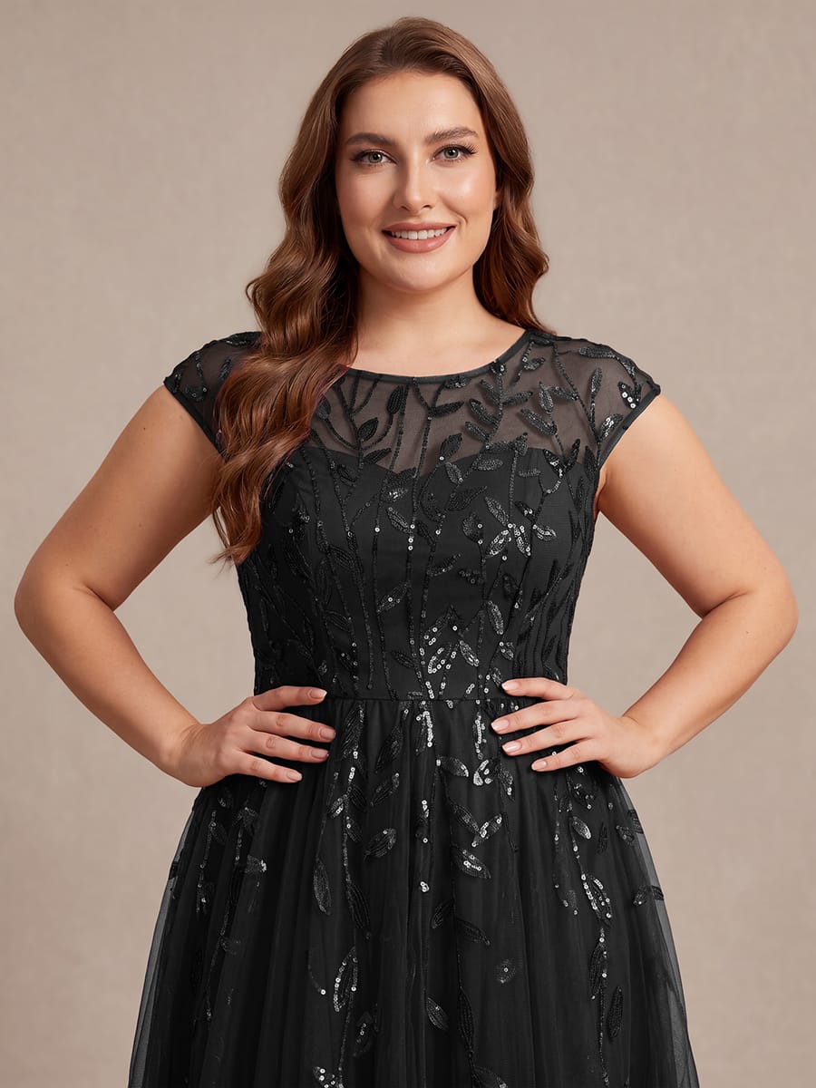 See-through Sequin Cap Sleeve Dress #color_Black