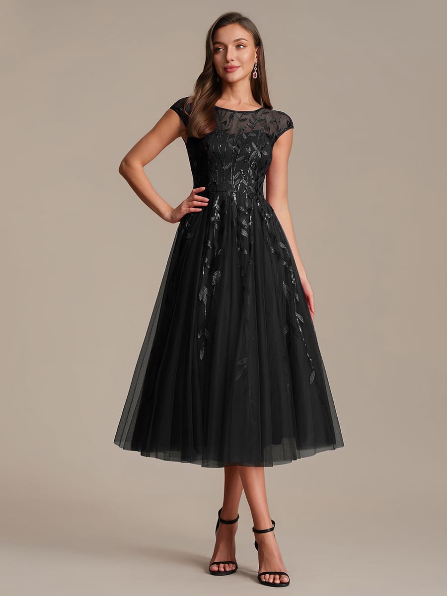 See-through Sequin Cap Sleeve Dress #color_Black