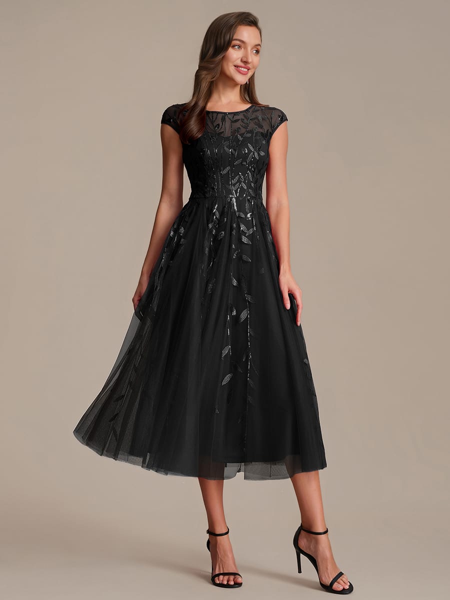 See-through Sequin Cap Sleeve Dress #color_Black